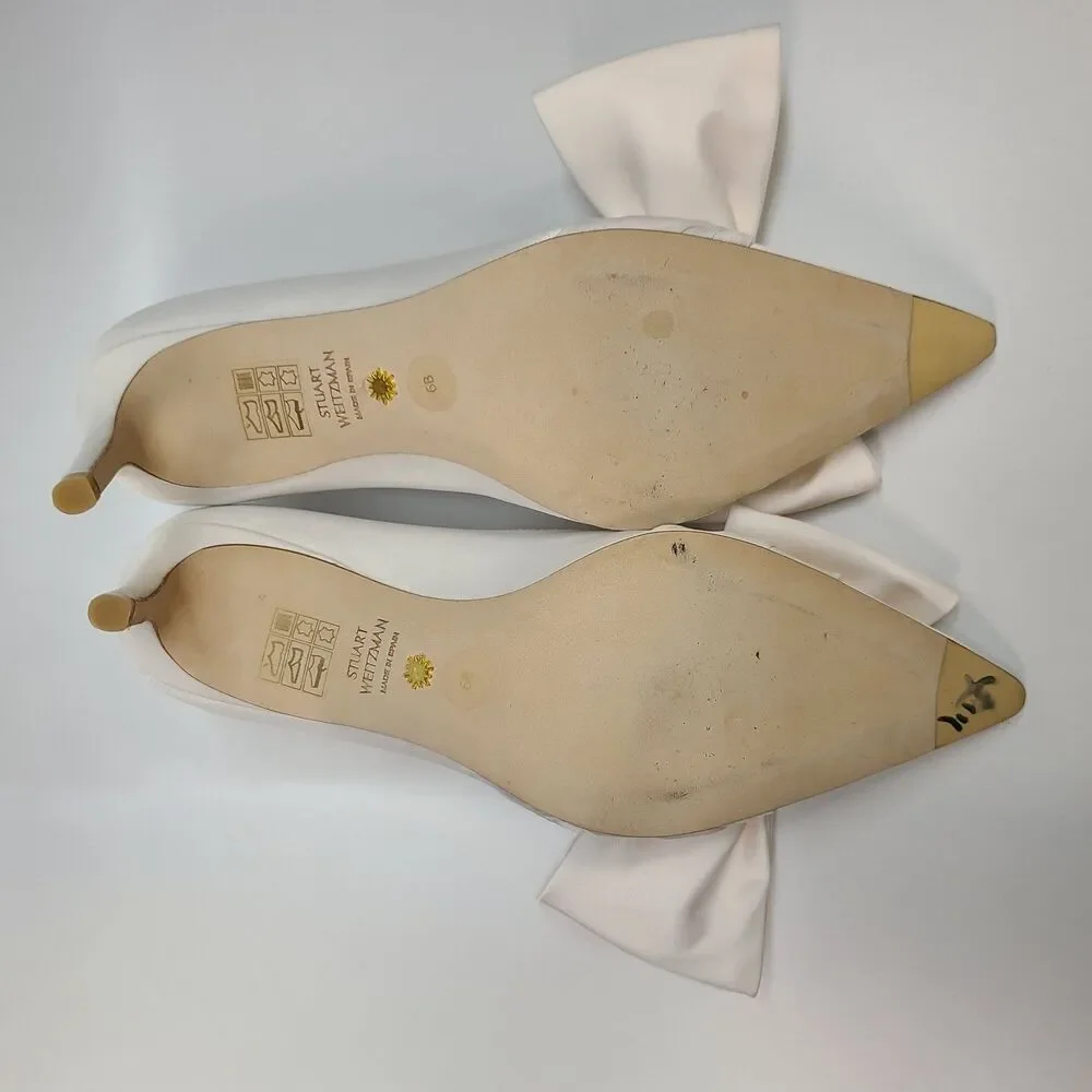 Stuart Weitzman White Satin Bow Pointed Toe Stiletto Pumps Heels Sz 6B Bridal